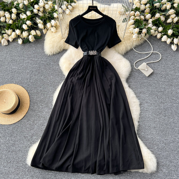 Round Collar Draped Patchwork Dress