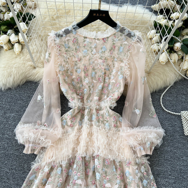 Fairy Floral Embroidered Puffy Mesh Dress