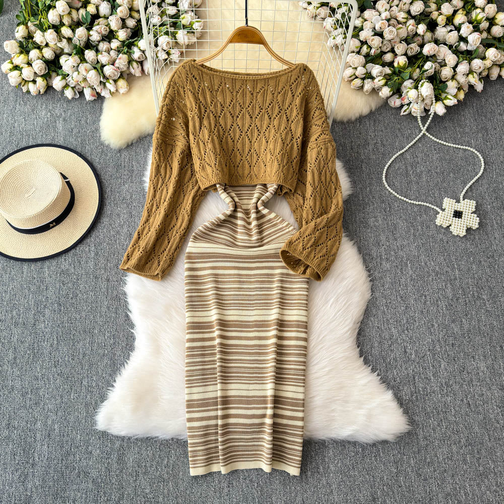 Striped Slip Dress&Hollowed Sweater 2Pcs