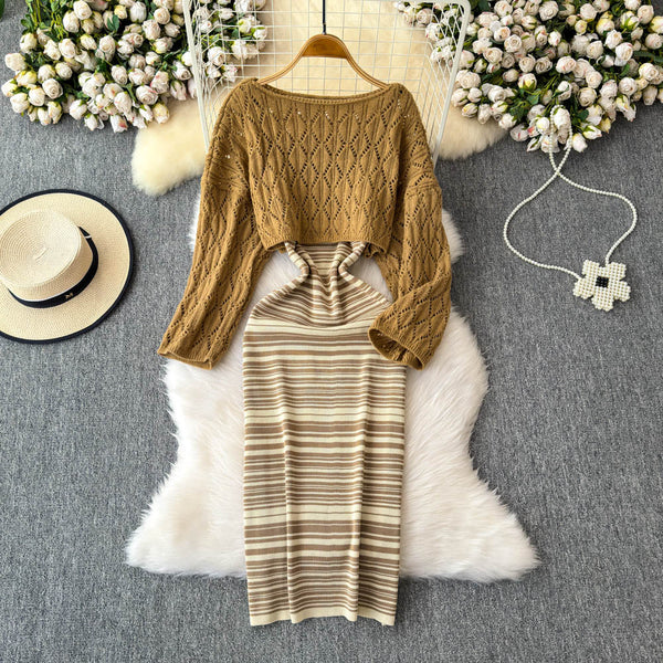 Striped Slip Dress&Hollowed Sweater 2Pcs