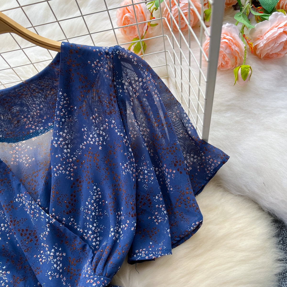French Style V-neck Floral Chiffon Dress