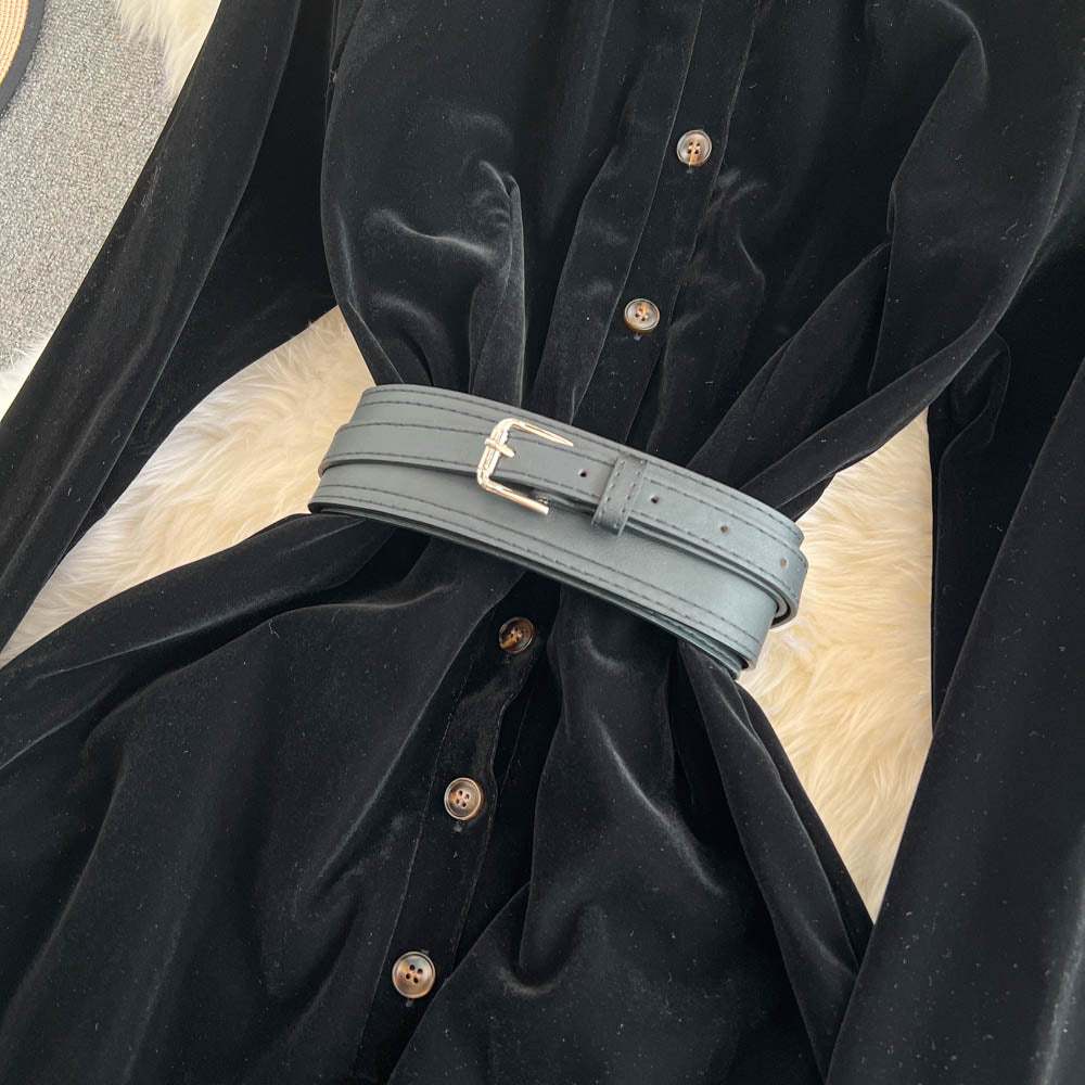 Simple Design Black Velvet Shirt Dress