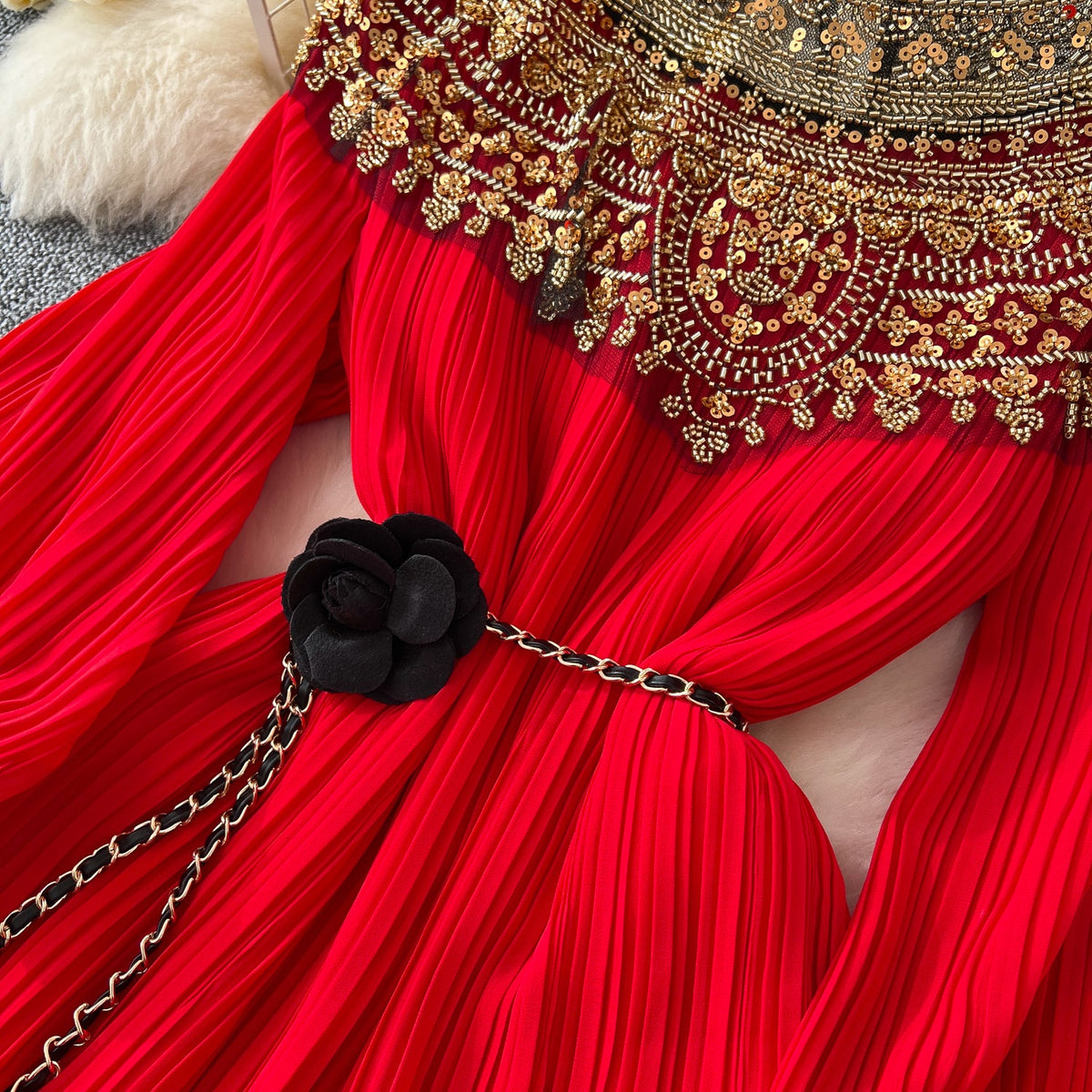 Ethnic Style Beaded Pleated Dress