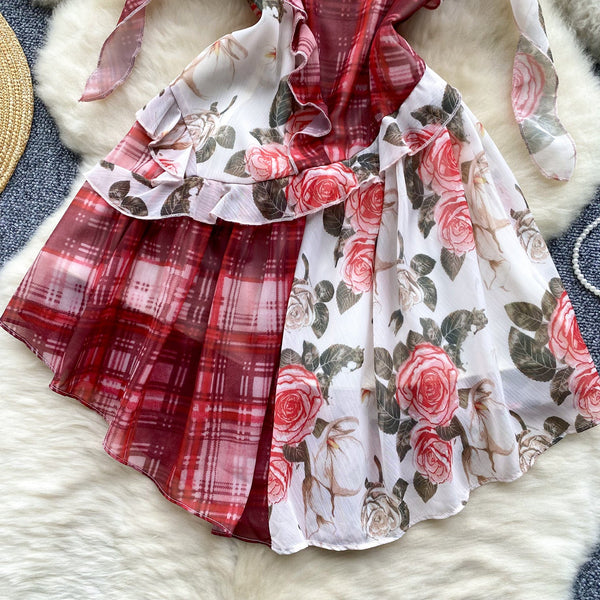 Plaid Floral Patchwork Slip Dress