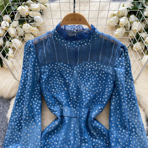 Stand Collar Star Printed Patchwork Dress