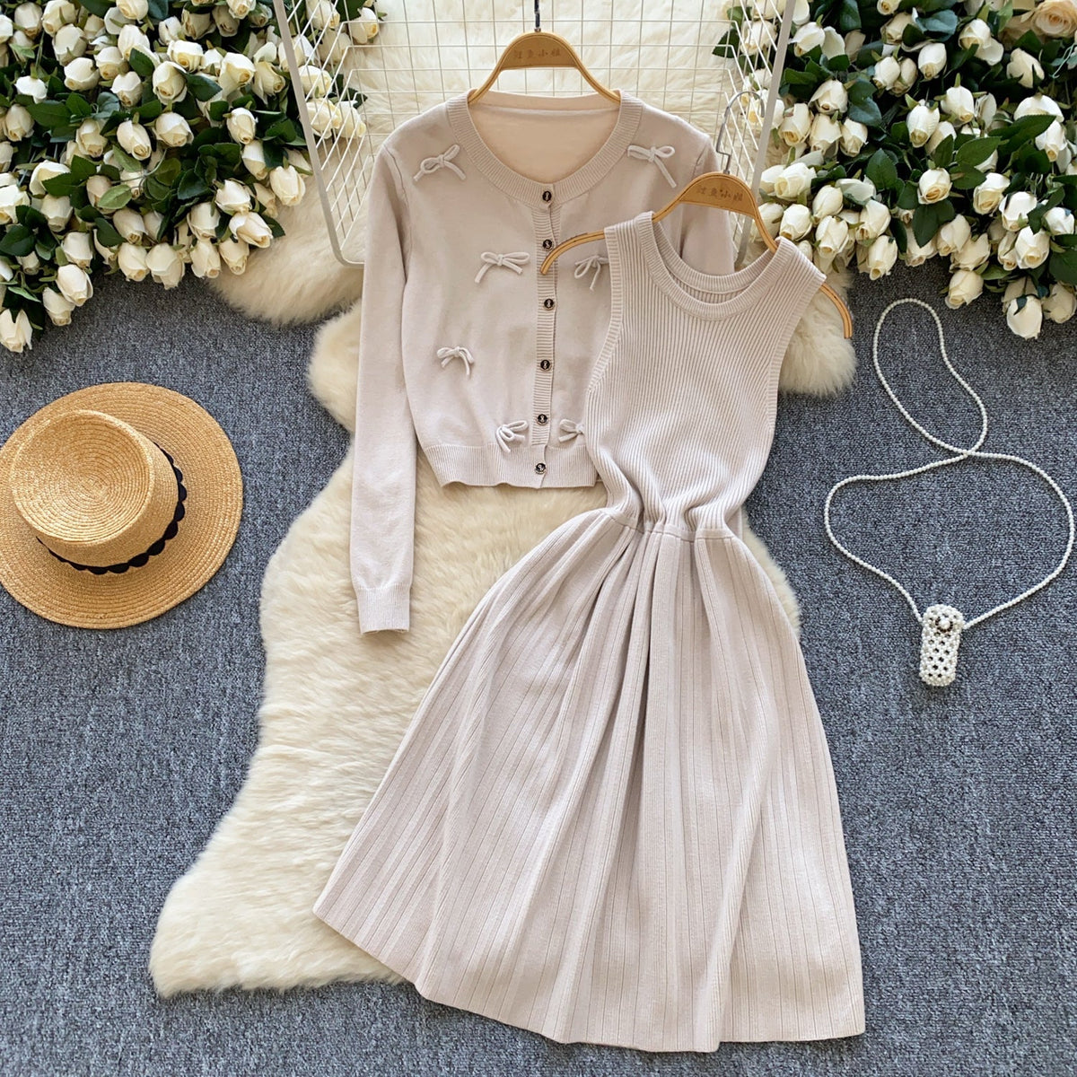 Bow Cardigan & Vest Dress Knit 2Pcs