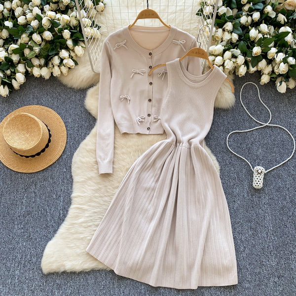 Bow Cardigan & Vest Dress Knit 2Pcs