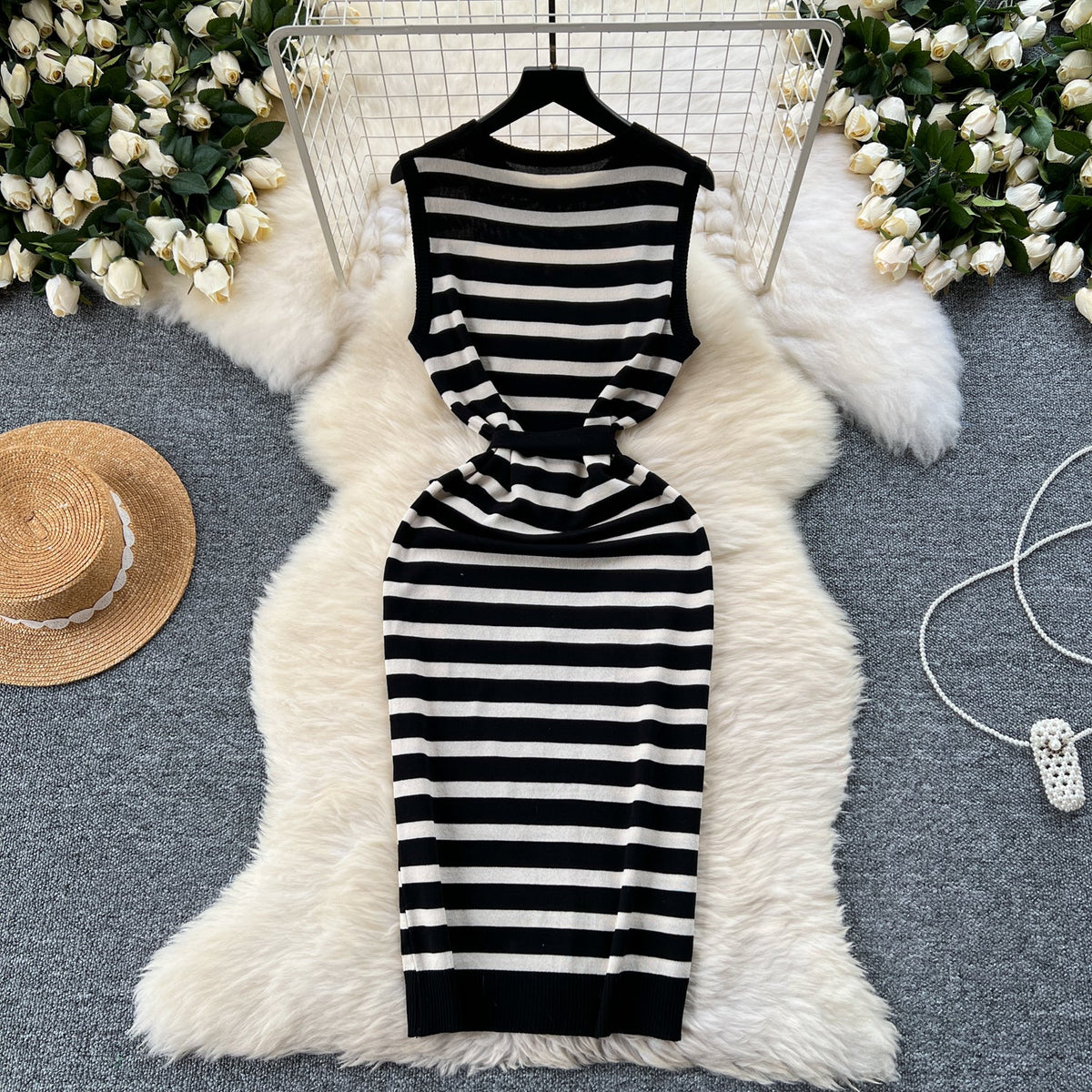 Niche Color-blocking Striped Knit Dress
