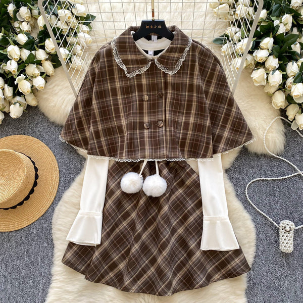 Faux Two-pieces Dress&Cape Plaid 2Pcs