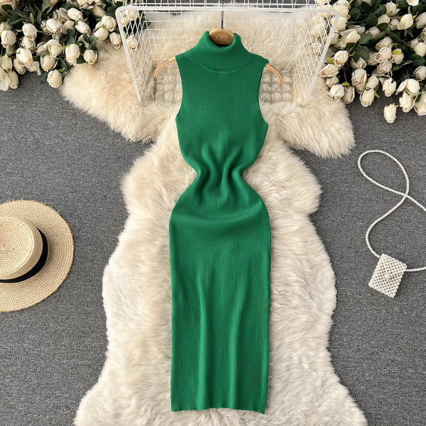 Elegant Solid Color Bodycon Knitted Dress