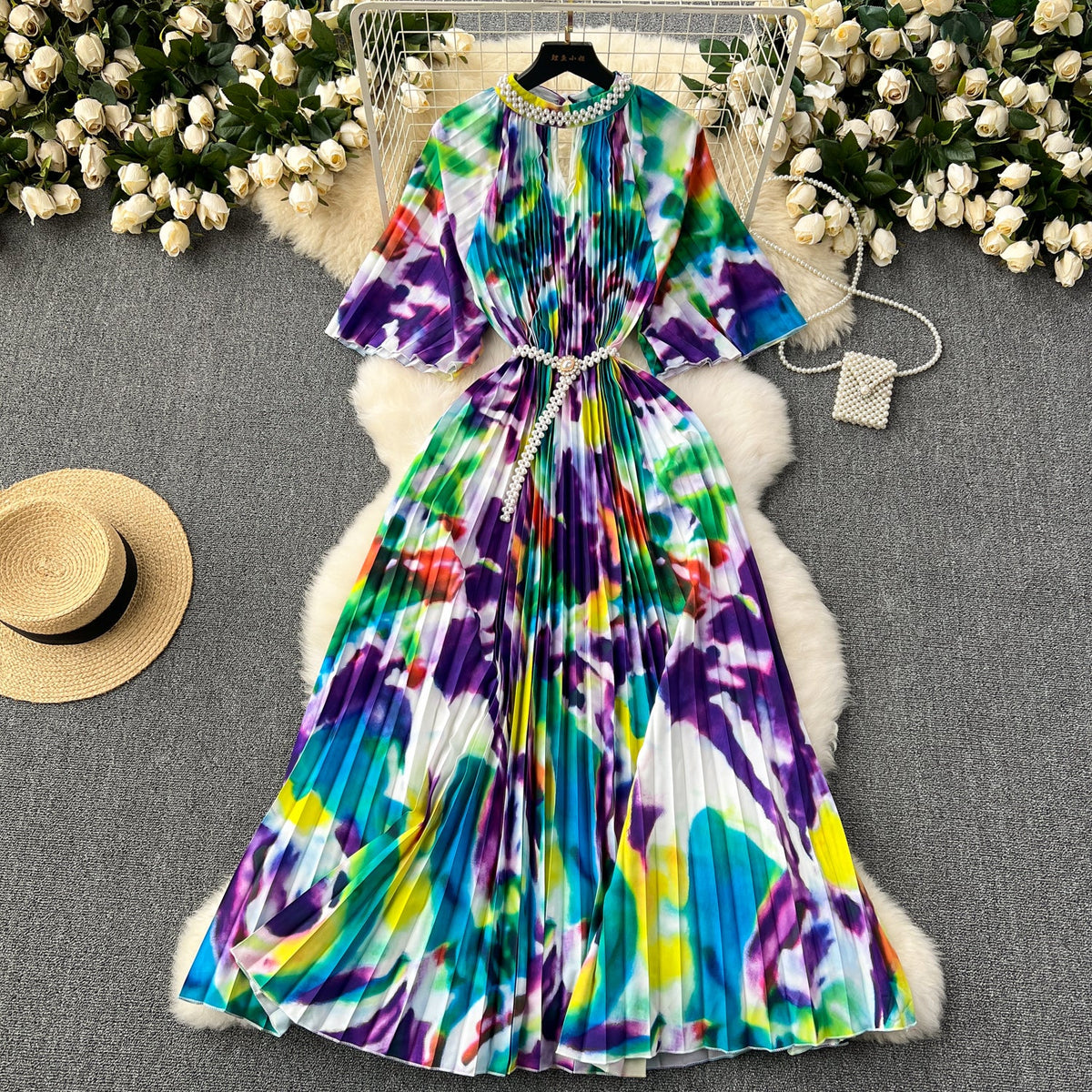 Beaded Crew Neck Printed Dress