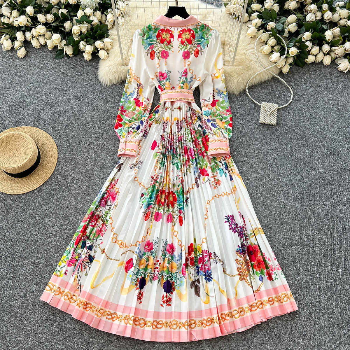 Lace Patchwork Floral Pleated Dress