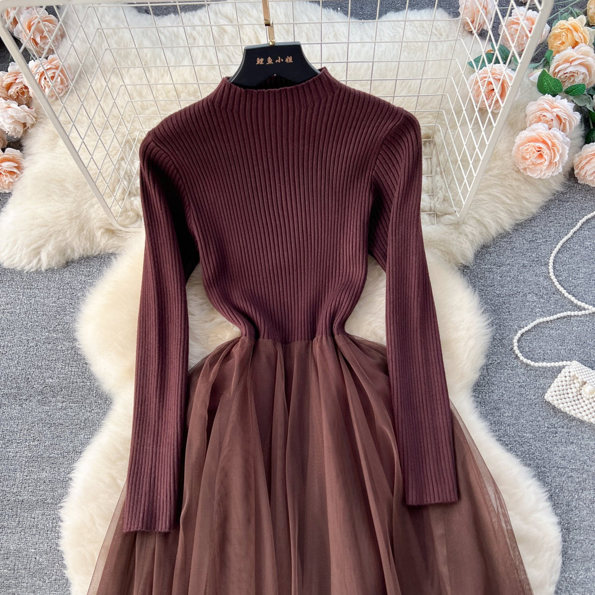 High-end Mesh Patchwork Sweater Dress