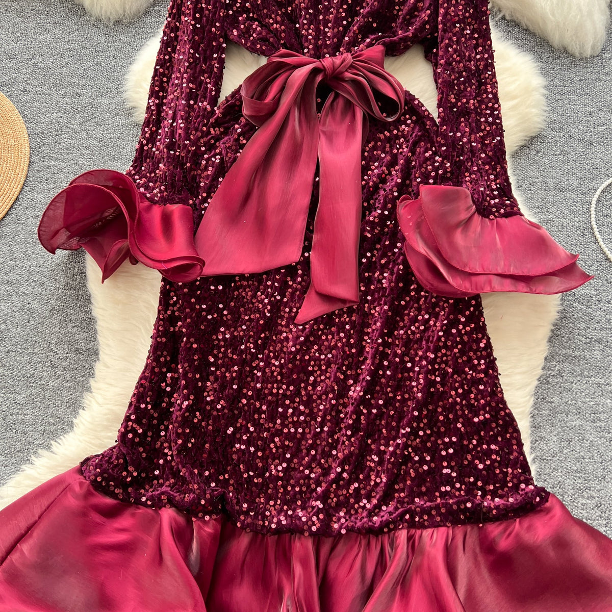 High-end Sequined Ruffled Hem Dress