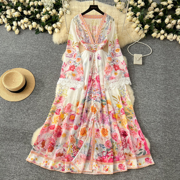 Courtly Deep V-neck Floral Shirt Dress
