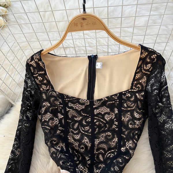 Square Neckline Black Embroidered Lace dress
