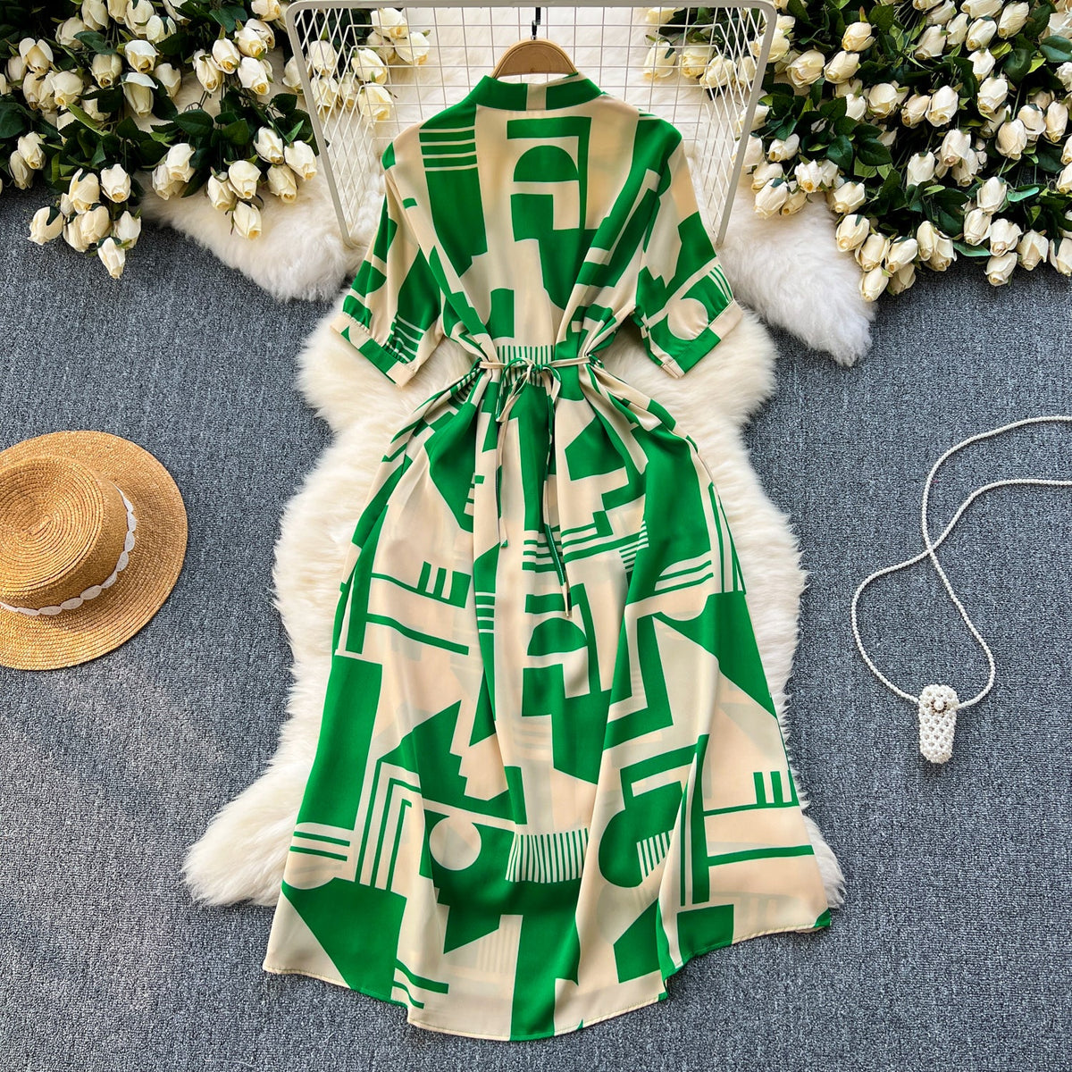Geometric Printed Single-breasted Shirt Dress