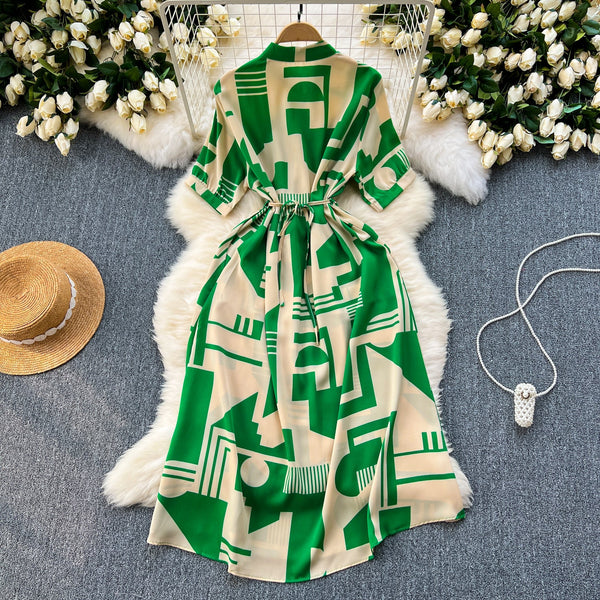Geometric Printed Single-breasted Shirt Dress