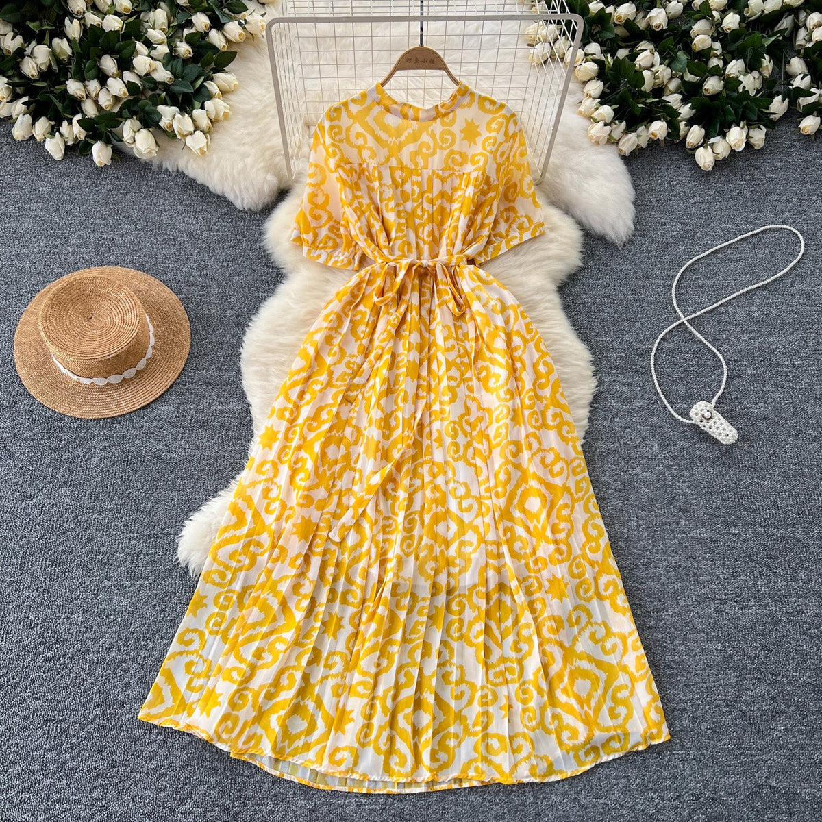 Floral Printed Pleated Chiffon Dress