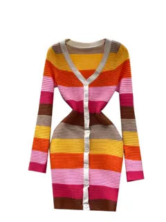 Rainbow Striped Single-breasted Dress