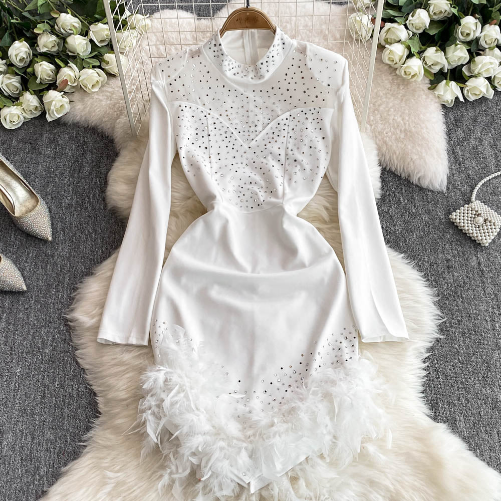 Irregular Design Fur Fringed Beaded Dress