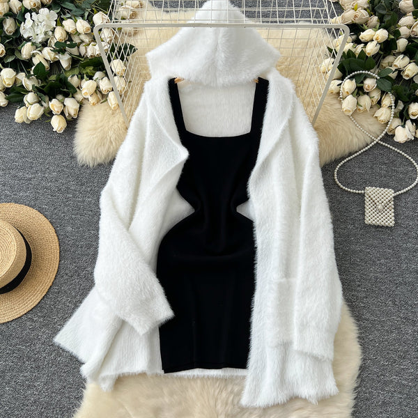Black Vest Dress&White Cardigan 2Pcs
