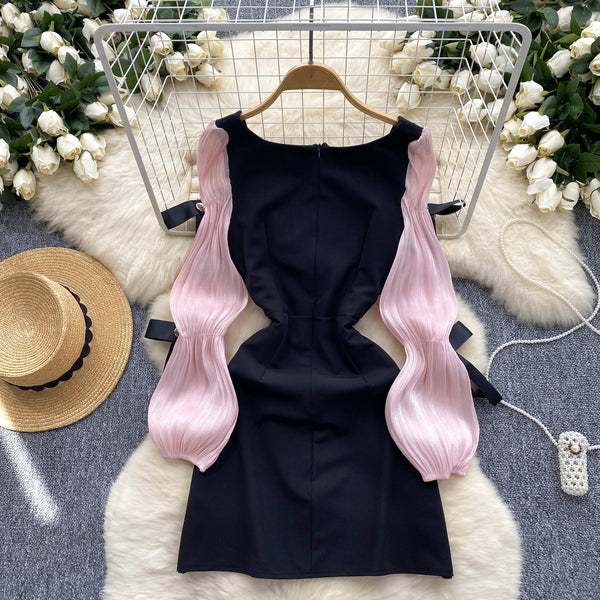 Square Neckline Pink Sleeve Black Dress