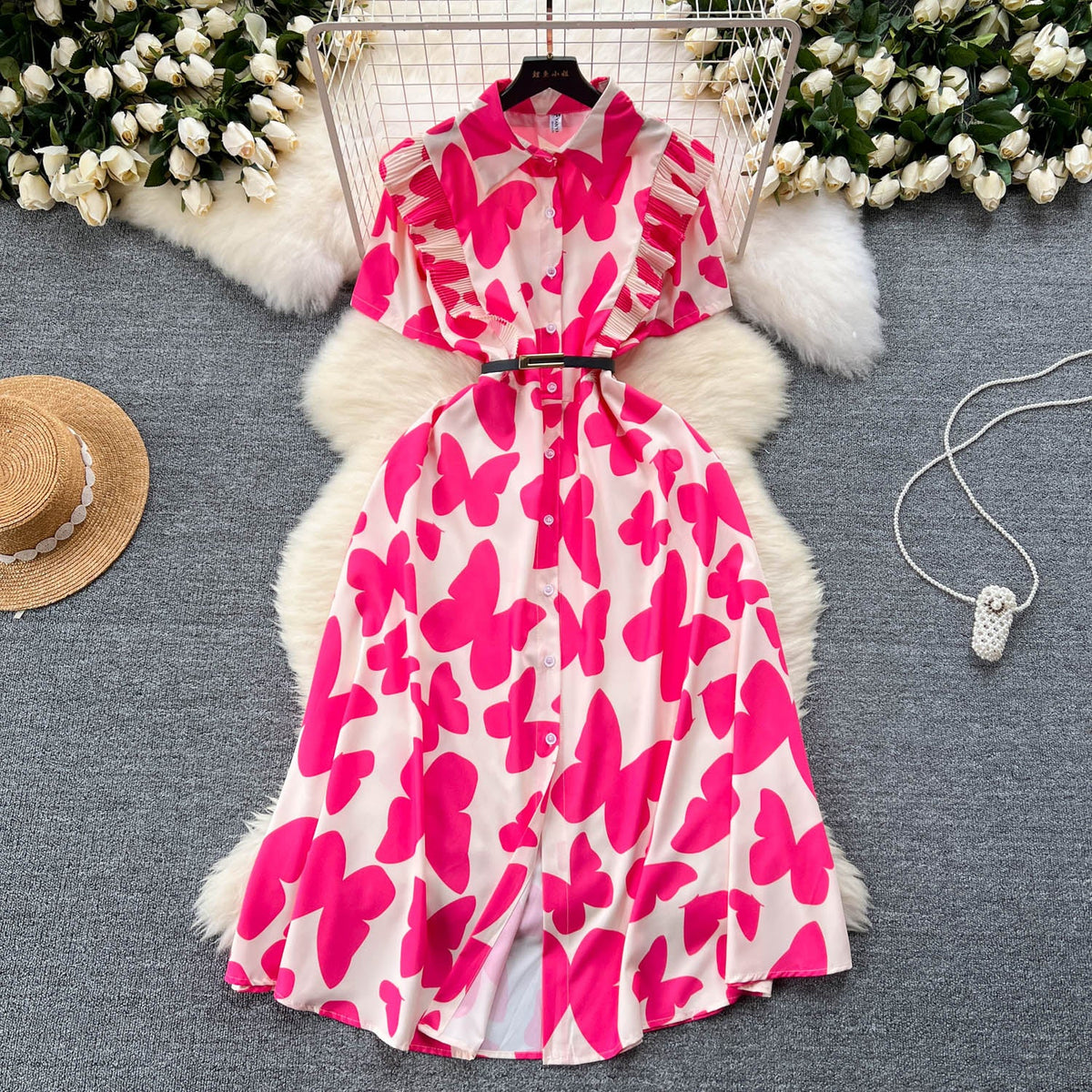 Niche Ruffled Printed Shirt Dress