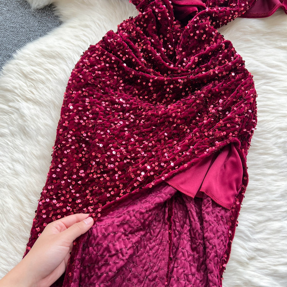Ruffled Neckline Sequined Velvet Dress