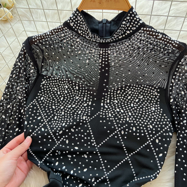 Rhinestone Studded Turtleneck Black Dress