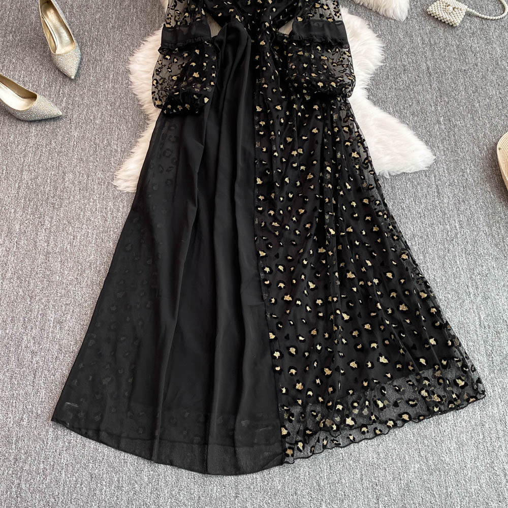 Leopard Printed Mesh Patchwork Black Dress