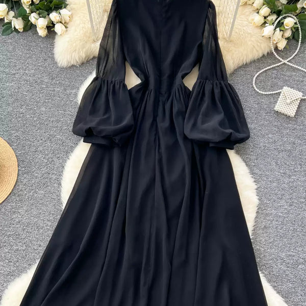 Elegant Metal Button Black Chiffon Dress