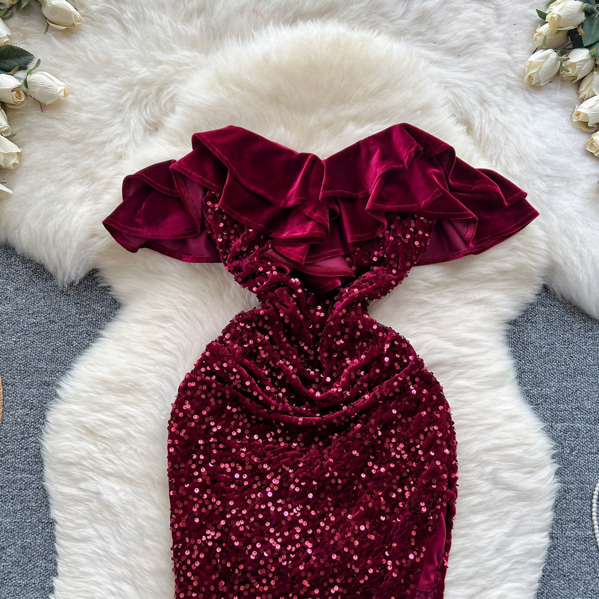 Ruffled Neckline Sequined Velvet Dress