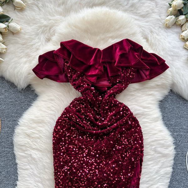 Ruffled Neckline Sequined Velvet Dress