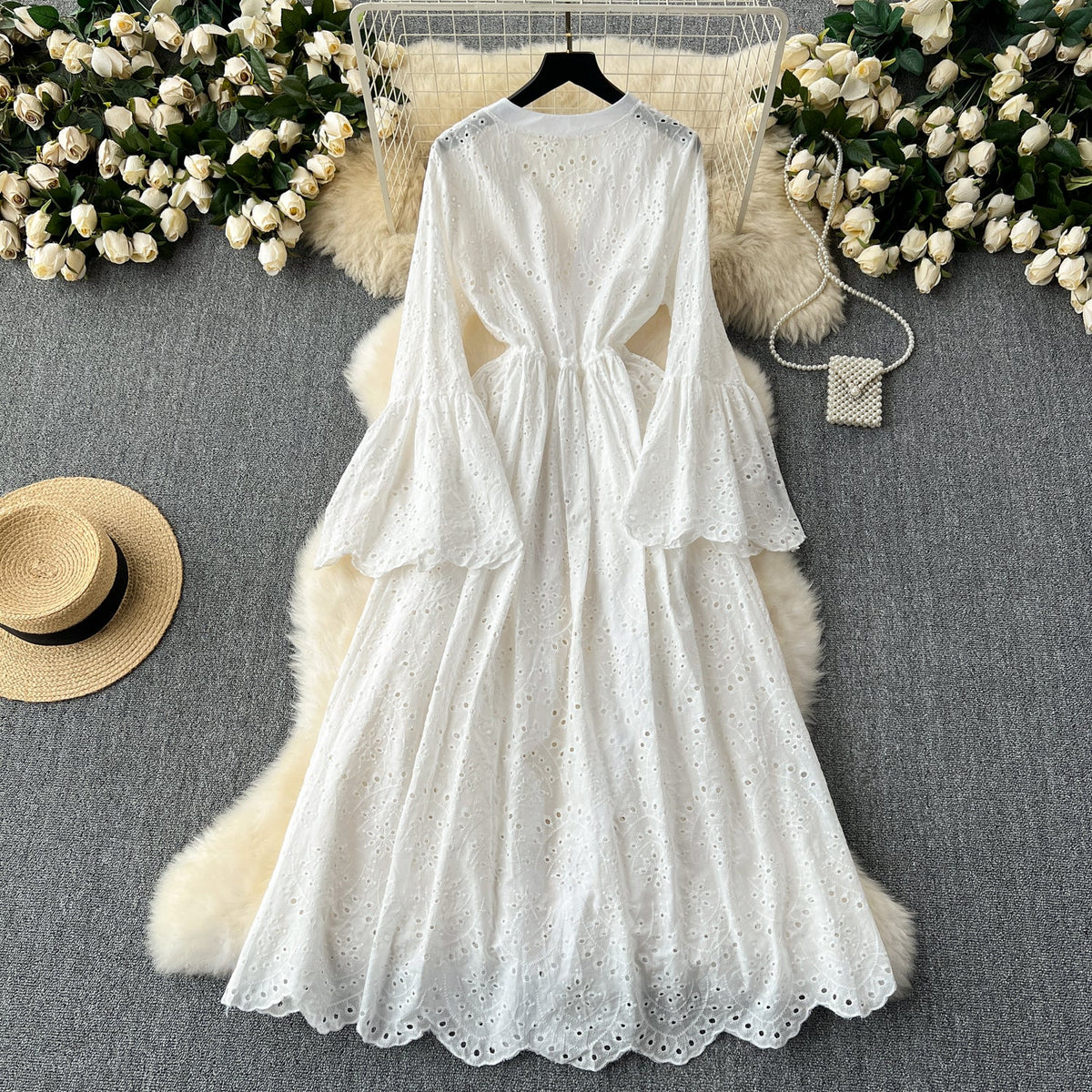 Hollowed Embroidered White Cardigan Dress