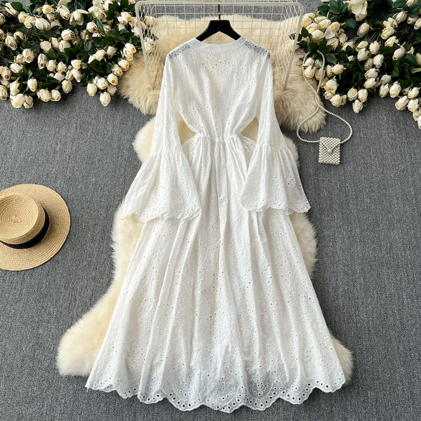 Hollowed Embroidered White Cardigan Dress