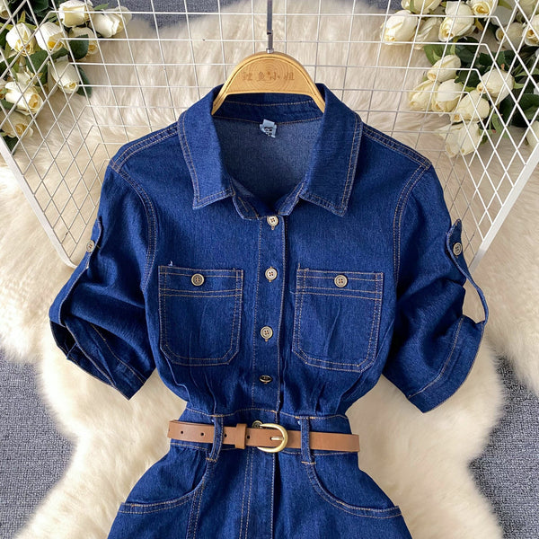 Polo Collar Denim Shirt Dress