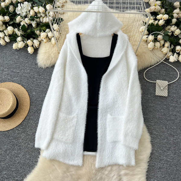 Black Vest Dress&White Cardigan 2Pcs