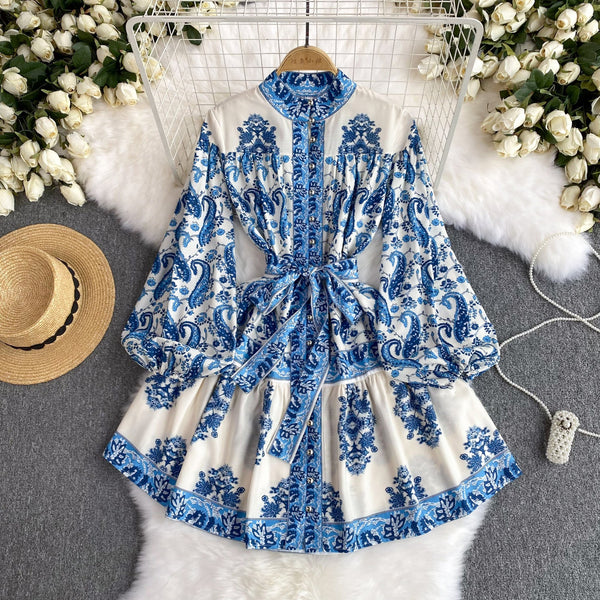 Courtly Floral Long-sleeve Ruffled Dress