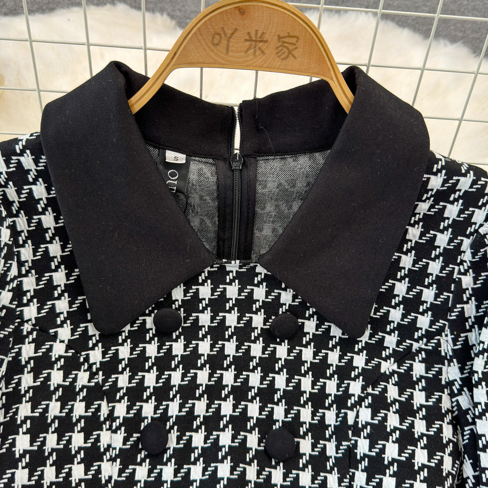 Elegant Lapeled Houndstooth Dress