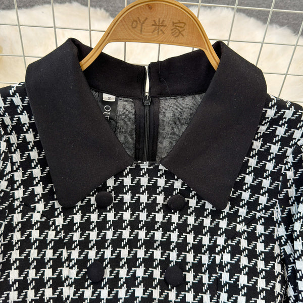 Elegant Lapeled Houndstooth Dress