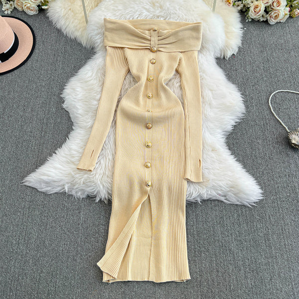 Vintage Off-shoulder Knitted Split Dress