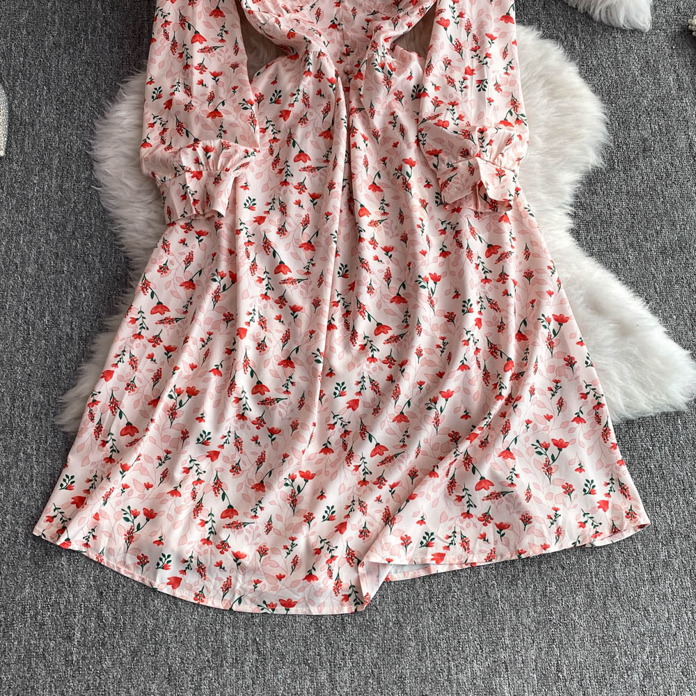 French Style Pink Floral Printed Dress