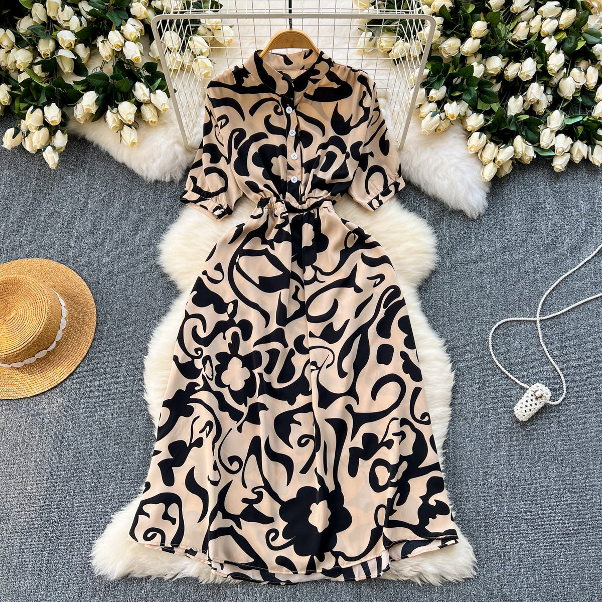 Geometric Printed Single-breasted Shirt Dress