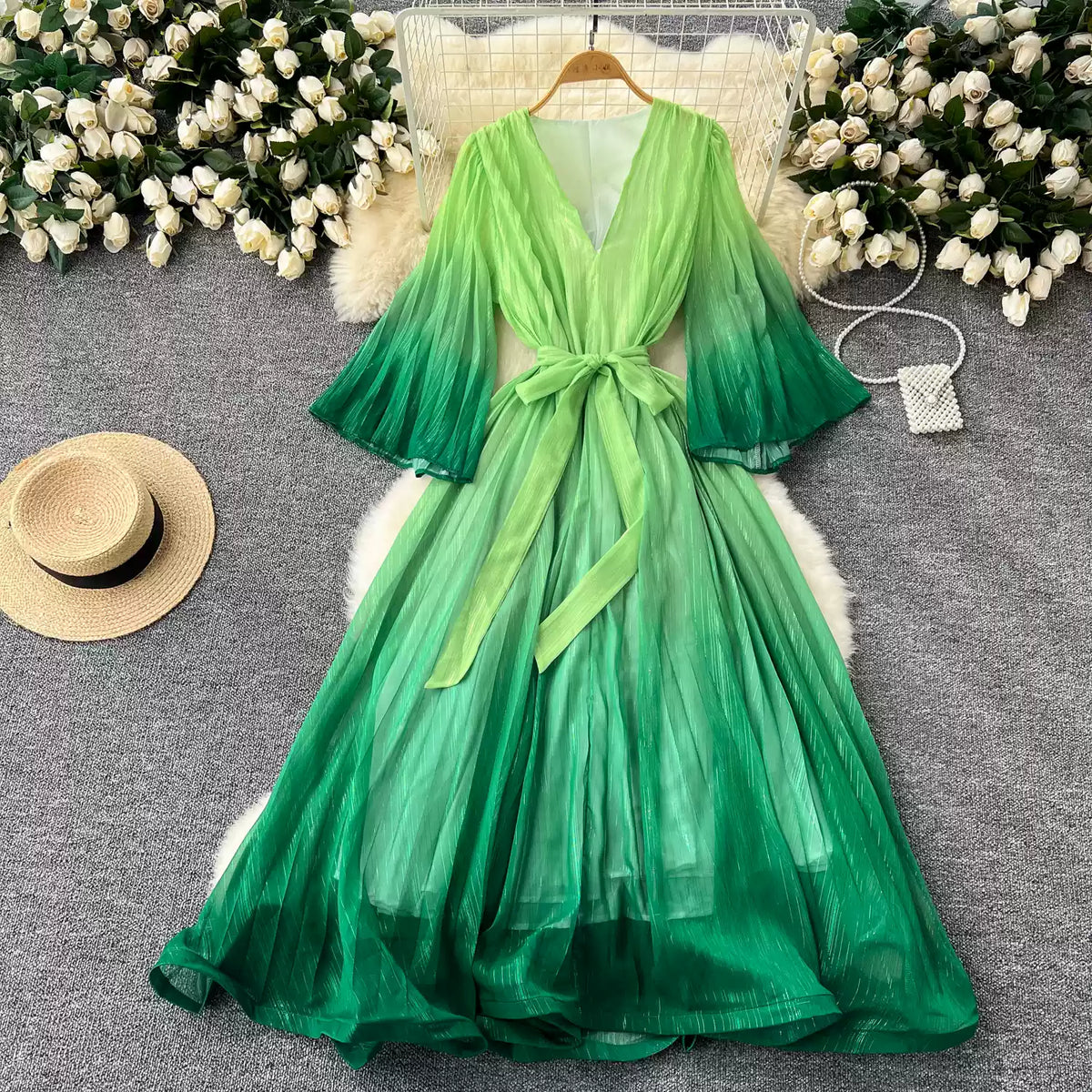 Gradient Color V-neck Fairy Dress