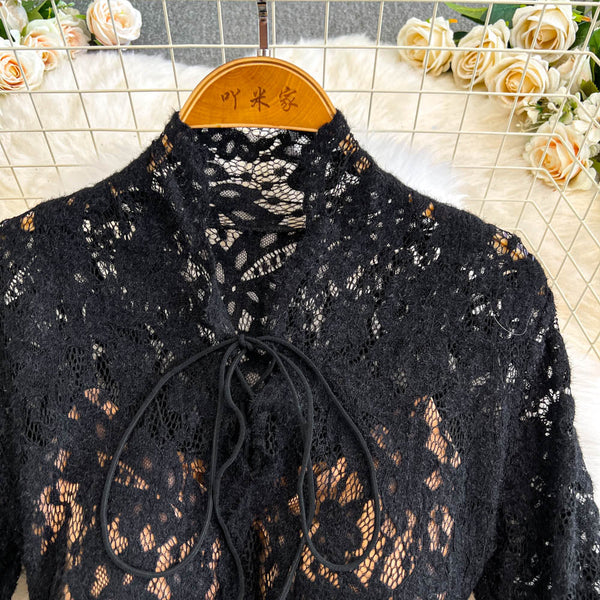 Embroidered Lace Turtleneck Black Dress