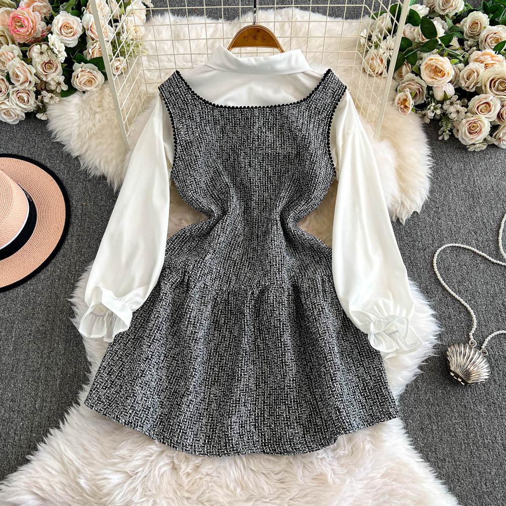 Tweed Vest Dress&White Shirt 2Pcs