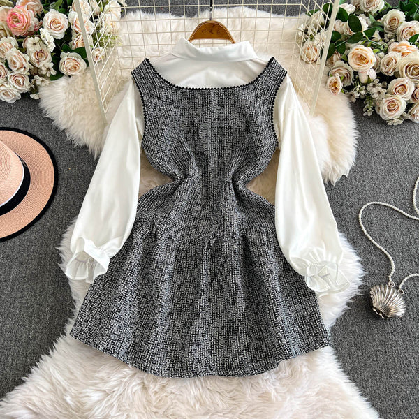 Tweed Vest Dress&White Shirt 2Pcs
