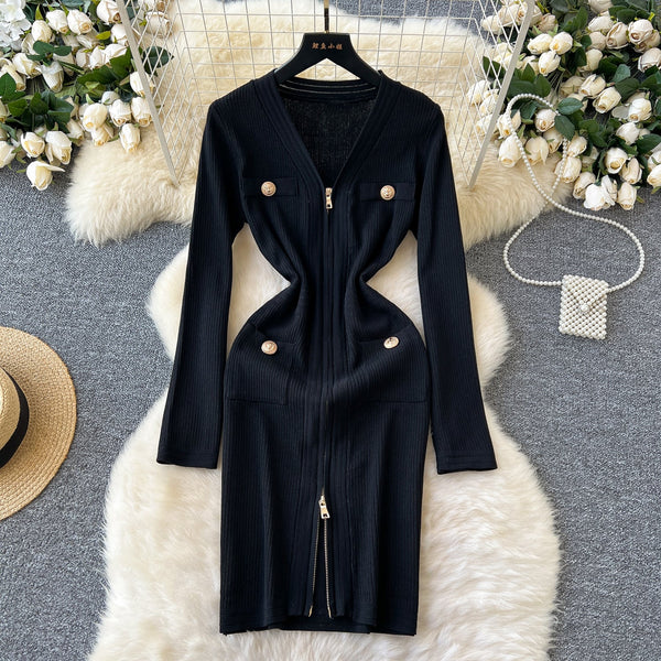 Metal Buttons Zipped Knitted Dress