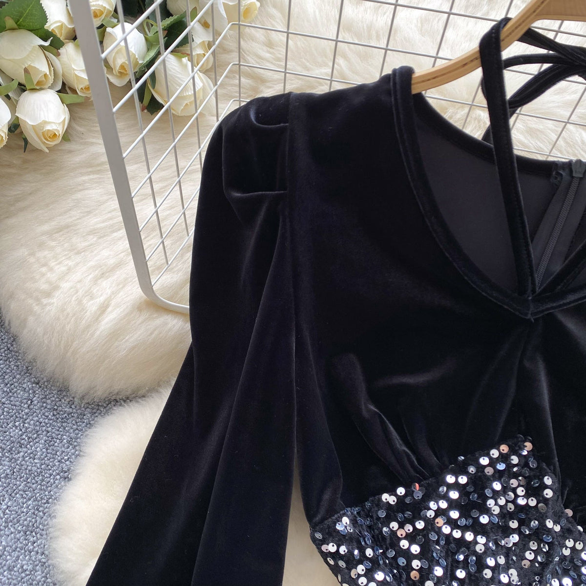Sequined Black Lace-up Halter Dress